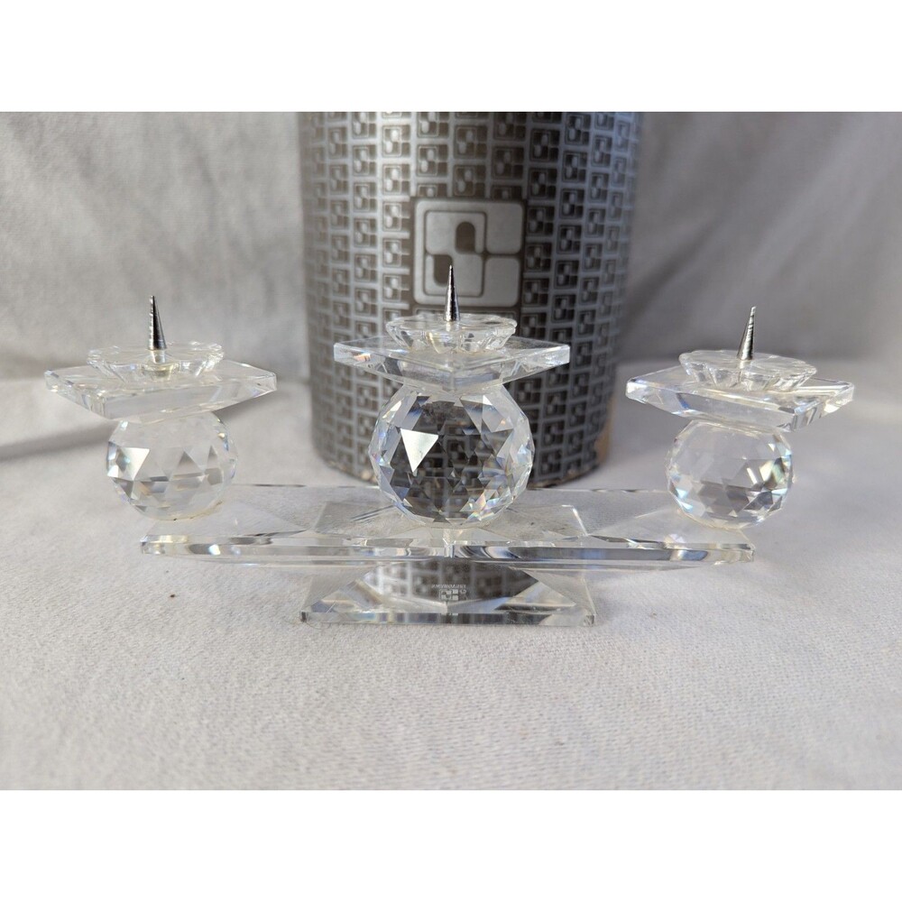 Vintage Swarovski Faceted Crystal 3 Pin Candle Holder w Original Box